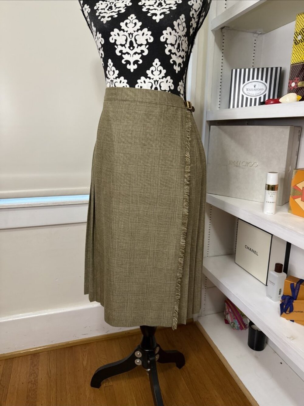 Lauren Ralph Lauren 6 100% Wool BrownTan Glen Plaid Kilt Wrap Skirt Pleated Back